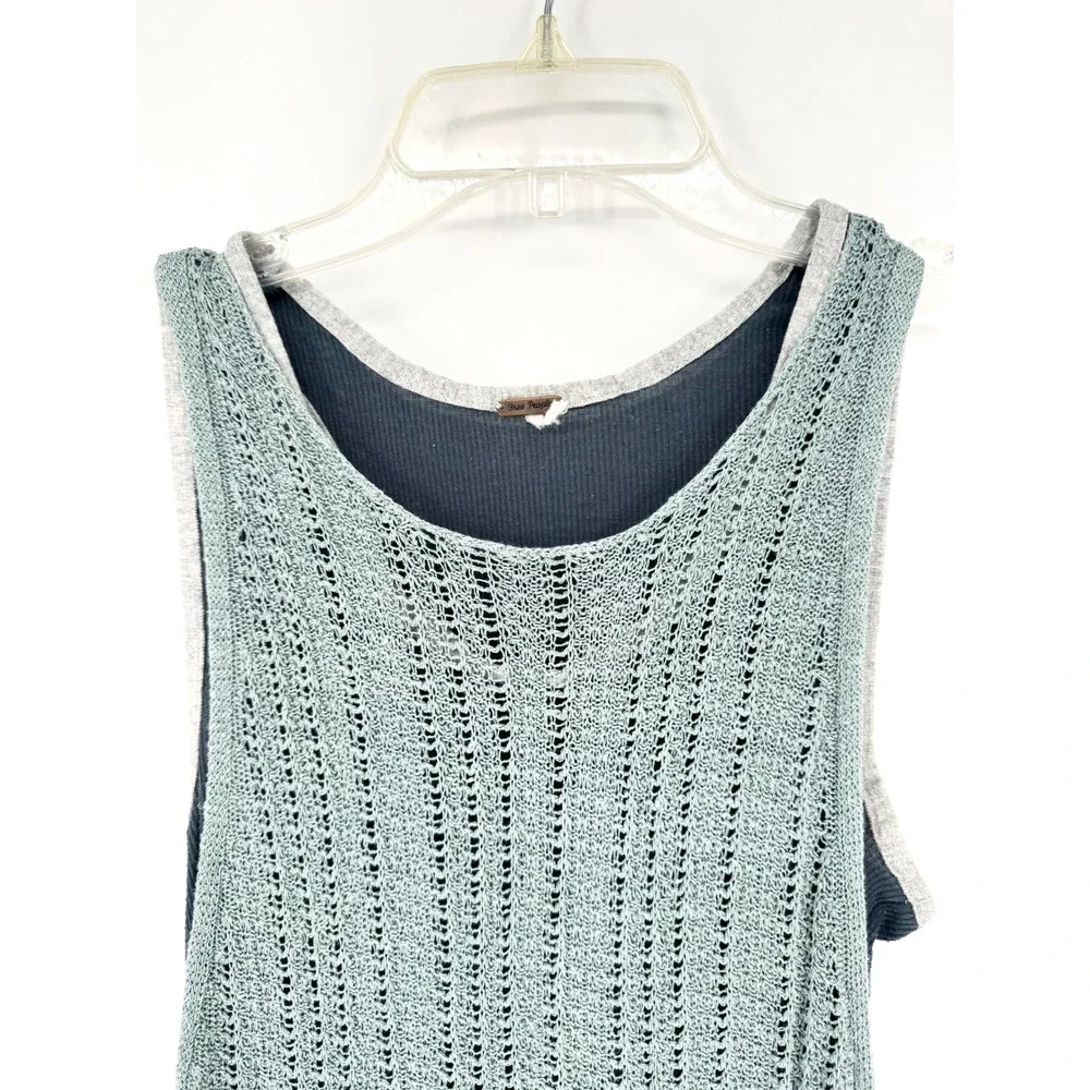 FREE PEOPLE Double Take Tank Crochet Layered Relaxed Fit Blue M/L Boho Artsy